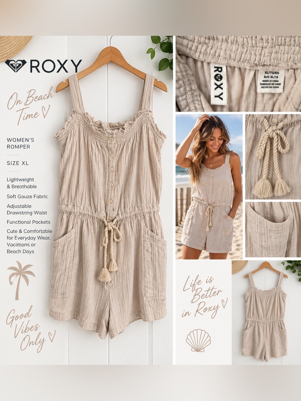 Roxy Cream Textured Button-Front Tie-Waist Romper